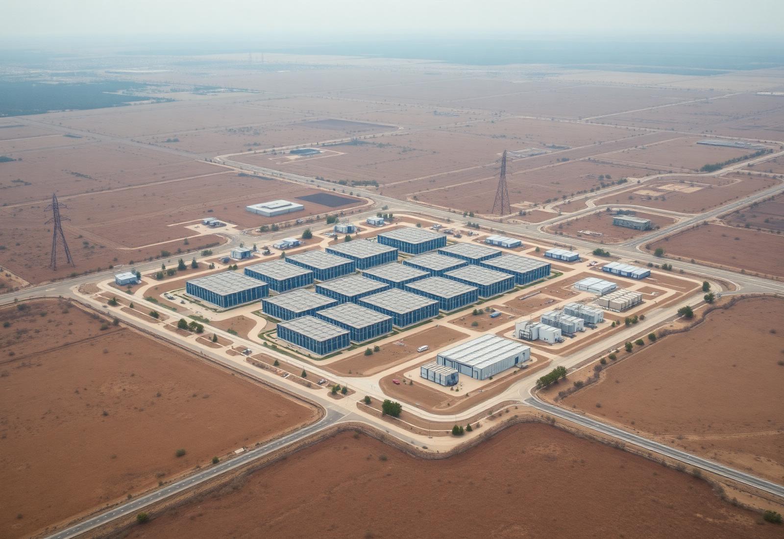 Aerial view of a data center campus surrounded by undeveloped land